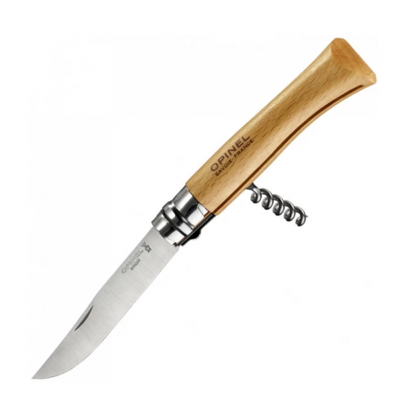 Нож OPINEL №10, нержавеющая сталь, рукоять из бука, со штопором