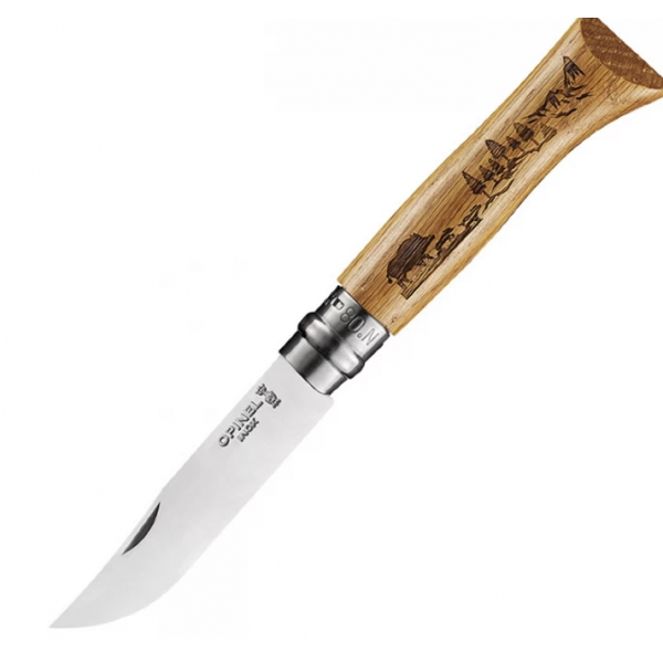 Нож OPINEL №8, нержавеющая сталь, рукоять дуб, гравировка кабан
