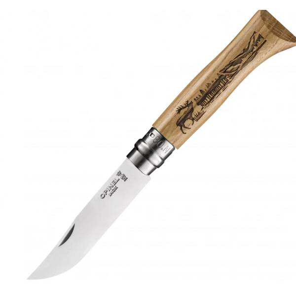 Нож OPINEL №8, нержавеющая сталь, рукоять дуб, гравировка олень