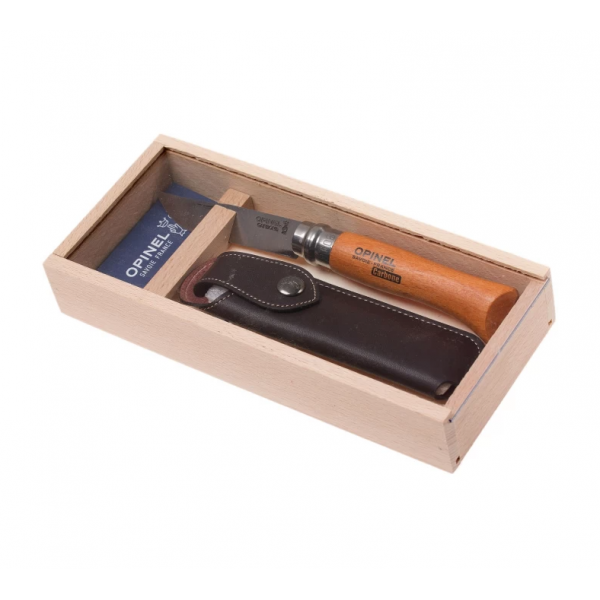 Нож OPINEL №8, углеродистая сталь, рукоять из дерева бука, с чехлом, в деревянной коробке 